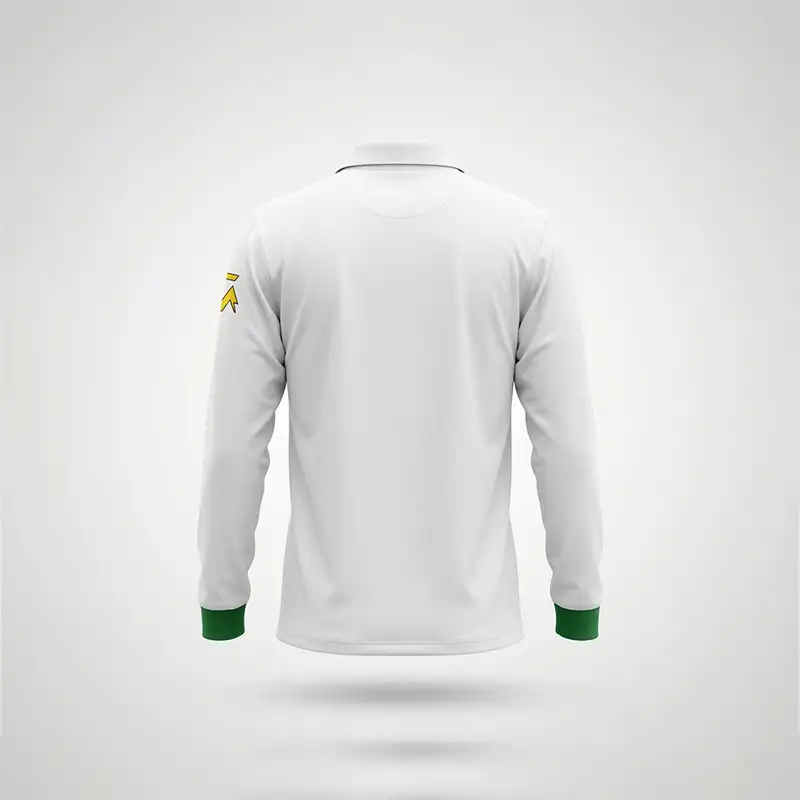 2 Piece Pakistan Cricket Test Kit - Back Side 2 Piece Pakistan Cricket Test Kit back view featuring a clean white long-sleeve cricket shirt with a simple rounded collar and a plain, full-length white back design. The back of the shirt has no large printed graphics, lettering, or visible patterns, giving it a minimal and traditional cricket appearance. Both long sleeves are clearly visible, with dark green ribbed cuffs at the wrists. A small yellow and black emblem is visible on the upper right sleeve, while the rest of the back remains completely white. The shirt has a straight lower hem, relaxed athletic fit, and subtle fabric folds that show the shape and construction of the garment. The shirt is displayed upright from the back against a plain light gray and white studio background with soft, even lighting and a subtle floating shadow underneath. This image specifically shows the back design, sleeve details, collar, and overall fit of the 2 Piece Pakistan Cricket Test Kit, helping customers view the rear appearance and detailing of the cricket uniform before purchasing it from AR Sports in Pakistan.