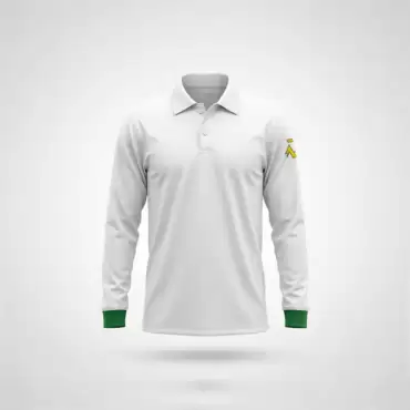 2 Piece Pakistan Cricket Test Kit front view featuring a clean white long-sleeve cricket shirt with a traditional folded collar, two-button placket, and a simple full-length design. The shirt has plain white fabric across the front with no large printed graphics or lettering, while the sleeve cuffs are finished in dark green. A small yellow and black emblem is visible on the upper sleeve, adding a subtle team-style detail to the otherwise minimal white design. The long sleeves, collar, button placket, straight lower hem, and overall loose athletic fit are clearly visible in this front-facing product image. The cricket kit is displayed upright against a plain light gray and white studio background with soft, even lighting and a subtle shadow underneath. This image shows the front design and details of the 2 Piece Pakistan Cricket Test Kit, available across Pakistan through online delivery from AR Sports.