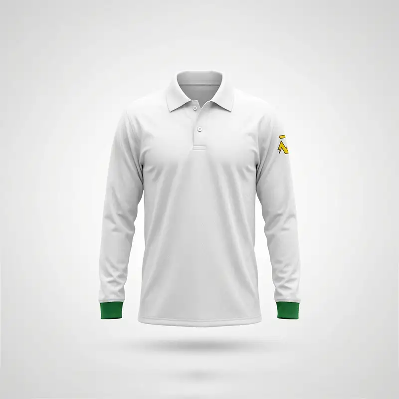 2 Piece Pakistan Cricket Test Kit - Front Side 2 Piece Pakistan Cricket Test Kit front view featuring a clean white long-sleeve cricket shirt with a traditional folded collar, two-button placket, and a simple full-length design. The shirt has plain white fabric across the front with no large printed graphics or lettering, while the sleeve cuffs are finished in dark green. A small yellow and black emblem is visible on the upper sleeve, adding a subtle team-style detail to the otherwise minimal white design. The long sleeves, collar, button placket, straight lower hem, and overall loose athletic fit are clearly visible in this front-facing product image. The cricket kit is displayed upright against a plain light gray and white studio background with soft, even lighting and a subtle shadow underneath. This image shows the front design and details of the 2 Piece Pakistan Cricket Test Kit, available across Pakistan through online delivery from AR Sports.