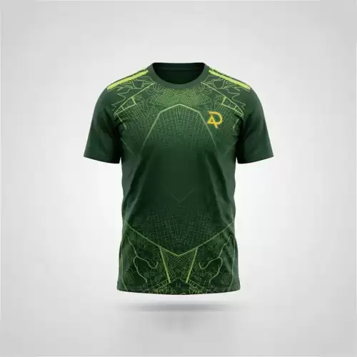 AR 11 Eye Green Color Cricket Shirt front view featuring a dark green short-sleeve cricket shirt with a round neckline and a modern athletic design. The upper chest and shoulders display bright neon green geometric line patterns that extend across the fabric, forming a detailed web-like design in the center of the chest. Fine green grid lines and angular shapes continue down the front, creating a symmetrical pattern, while intricate outlined graphics decorate the lower front near the hem. A small yellow and green AR-style emblem is visible on the upper left chest. The sleeves and central body remain predominantly dark green, contrasting with the bright green detailing throughout the shirt. The shirt is displayed upright against a plain light gray and white studio background with soft, even lighting and a subtle shadow underneath, clearly showing its front design, neckline, sleeves, and overall shape. This image shows the front side of the AR 11 Eye Cricket Shirt – Green Color, available across Pakistan with online delivery from AR Sports.