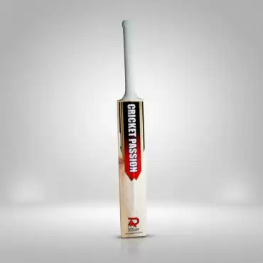 AR Sports Cricket Passion Edition English Willow cricket bat standing upright against a clean light gray studio background. The bat has a light natural wood blade with visible grain, a long handle covered in a textured light-colored grip, and a bold black, red, and white “CRICKET PASSION” design running vertically along the front of the blade. The AR Sports logo is printed near the bottom of the bat, with a soft shadow and subtle reflection visible beneath it. The image showcases the AR Sports Cricket Passion Edition English Willow Bat, available for purchase with delivery across Pakistan.