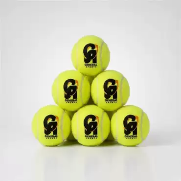 Six bright yellow CA tennis balls arranged in a neat pyramid formation against a clean white studio background. One tennis ball is positioned at the top, two in the middle row, and three across the bottom row. Each ball has a textured fluorescent-yellow felt surface with visible curved seam lines and a black-and-yellow General Sports logo printed prominently on the front. The balls are evenly positioned on a smooth white surface with soft shadows underneath, giving the product image a clean and professional appearance. This product image represents the CA tennis ball in Pakistan, available for purchase online and from the shop, with delivery offered across Pakistan.