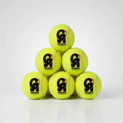 Six bright yellow CA tennis balls arranged in a neat pyramid formation against a clean white studio background. One tennis ball is positioned at the top, two in the middle row, and three across the bottom row. Each ball has a textured fluorescent-yellow felt surface with visible curved seam lines and a black-and-yellow General Sports logo printed prominently on the front. The balls are evenly positioned on a smooth white surface with soft shadows underneath, giving the product image a clean and professional appearance. This product image represents the CA tennis ball in Pakistan, available for purchase online and from the shop, with delivery offered across Pakistan.