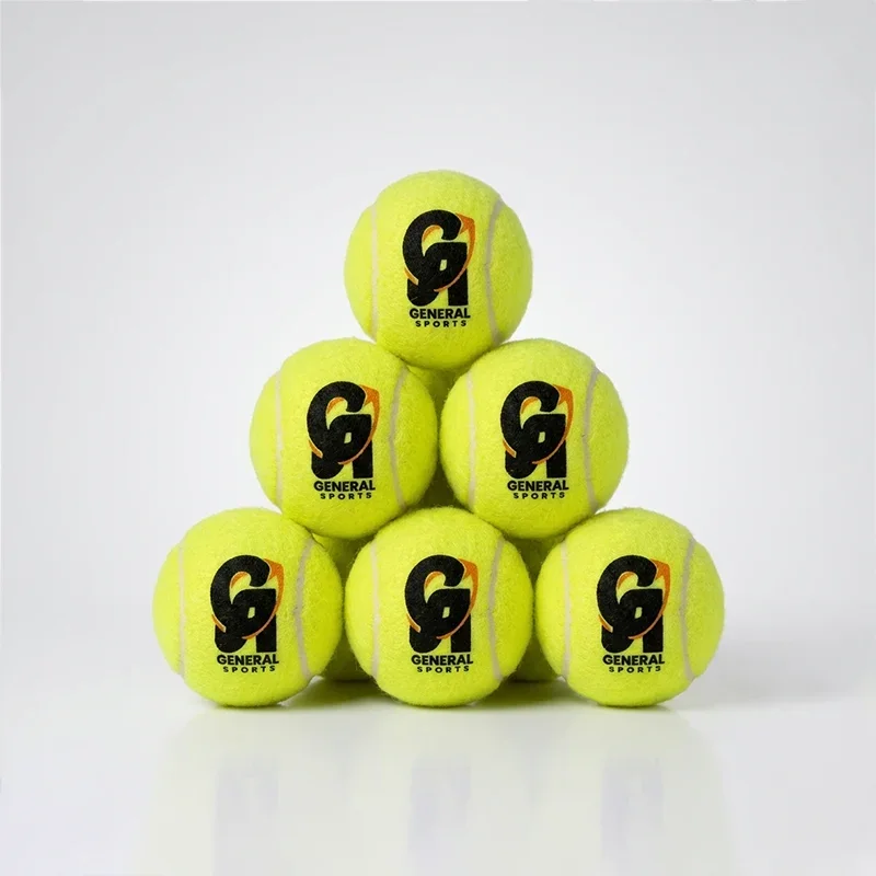 CA Tennis Ball Yellow Color Six bright yellow CA tennis balls arranged in a neat pyramid formation against a clean white studio background. One tennis ball is positioned at the top, two in the middle row, and three across the bottom row. Each ball has a textured fluorescent-yellow felt surface with visible curved seam lines and a black-and-yellow General Sports logo printed prominently on the front. The balls are evenly positioned on a smooth white surface with soft shadows underneath, giving the product image a clean and professional appearance. This product image represents the CA tennis ball in Pakistan, available for purchase online and from the shop, with delivery offered across Pakistan.