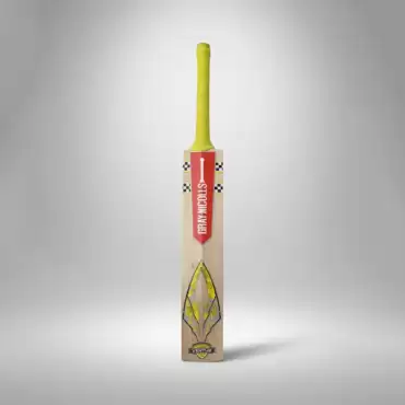 Gray-Nicolls English Willow cricket bat shown upright from the back against a clean light gray studio background. The bat has a light natural wood blade with visible grain, a bright yellow textured handle grip, and a red vertical Gray-Nicolls branding panel near the upper back of the blade. Black-and-white checkered detailing appears on both sides of the upper blade, while a large yellow, gray, and black graphic runs down the lower back with a Venture badge near the bottom. A soft shadow and subtle reflection are visible beneath the bat. The image showcases the back side of a Gray-Nicolls English Willow cricket bat, available for purchase with delivery across Pakistan.