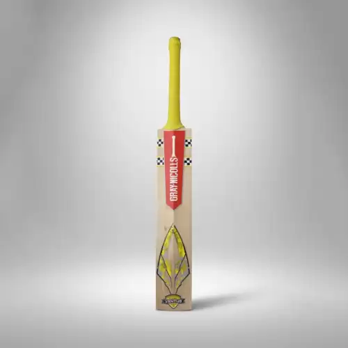 Gray-Nicolls English Willow cricket bat shown upright from the back against a clean light gray studio background. The bat has a light natural wood blade with visible grain, a bright yellow textured handle grip, and a red vertical Gray-Nicolls branding panel near the upper back of the blade. Black-and-white checkered detailing appears on both sides of the upper blade, while a large yellow, gray, and black graphic runs down the lower back with a Venture badge near the bottom. A soft shadow and subtle reflection are visible beneath the bat. The image showcases the back side of a Gray-Nicolls English Willow cricket bat, available for purchase with delivery across Pakistan.