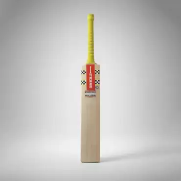 Gray-Nicolls English Willow cricket bat standing upright from the front against a clean light gray studio background. The bat has a light natural wood blade with visible grain, a bright yellow textured handle grip, and a red vertical Gray-Nicolls branding panel near the top of the blade. Black-and-white checkered detailing runs across both sides of the upper blade, while an “ENGLISH WILLOW” label is visible below the main branding. The lower front of the bat has a clean, mostly natural wood finish with a soft shadow extending to the right and a subtle reflection beneath the bat. The image showcases the front side of a Gray-Nicolls English Willow cricket bat, available for purchase with delivery across Pakistan.