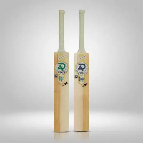Two AR Sports UH99 English Willow cricket bats standing upright side by side against a clean light gray background. Both bats feature light-colored natural wood blades with visible grain, long handles covered with textured light-colored grips, and AR Sports branding with the UH99 model marking printed on the front of each blade. The bats have traditional flat faces and squared lower edges, with soft shadows and a subtle reflection beneath them from the studio lighting. The image showcases the AR Sports UH99 English Willow Cricket Bat, available for purchase with delivery across Pakistan.