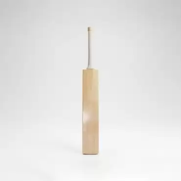 AR Sports English Willow Cricket Bat – 98 Edition standing upright against a clean white studio background. The bat has a light natural wood blade with subtle vertical grain patterns, a long white textured grip on the handle, and a plain front face with minimal visible branding or graphics. Its straight, traditional cricket-bat profile and smooth natural wood finish are clearly visible, with soft studio lighting creating a gentle shadow and reflection beneath the bat. The image showcases the AR Sports English Willow Cricket Bat – 98 Edition, available in Pakistan.