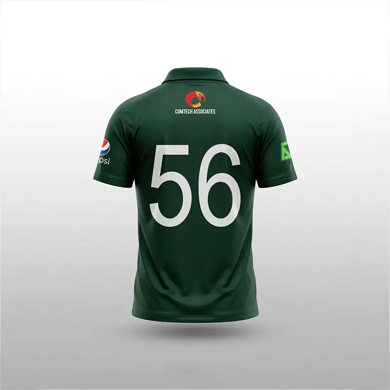 Star Nation Pakistan Cricket Jersey 2023 - Back Side Star Nation Pakistan Cricket Jersey 2023 back view featuring a dark green short-sleeve polo-style cricket shirt with a folded collar and a clean, solid dark green back design. A large white number “56” is prominently printed across the center of the back, while a Comtech Associates sponsor logo with a multicolor circular emblem and white text is positioned below the collar. A Pepsi sponsor logo is visible on the left sleeve, and a green sponsor-style emblem is displayed on the right sleeve. The jersey has a slightly tapered athletic shape with visible fabric folds around the lower back and sides, and a straight lower hem. The jersey is displayed upright against a plain light gray and white studio background with even lighting and a subtle shadow underneath, clearly showing the complete back design of the Star Nation Pakistan Cricket Jersey 2023.