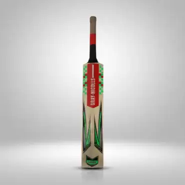 Gray Nicolls MAAX Edition cricket bat standing upright against a clean light gray studio background, featuring a natural light-colored wooden blade with bold black and bright green graphic detailing along the lower face, a red central panel with Gray-Nicolls branding, a black handle with red and gray grip sections, and a flat wooden toe resting on the surface with a subtle reflection.