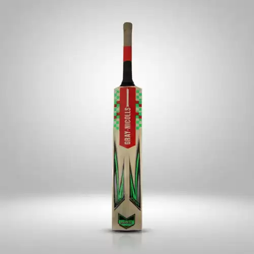 Gray Nicolls MAAX Edition cricket bat standing upright against a clean light gray studio background, featuring a natural light-colored wooden blade with bold black and bright green graphic detailing along the lower face, a red central panel with Gray-Nicolls branding, a black handle with red and gray grip sections, and a flat wooden toe resting on the surface with a subtle reflection.